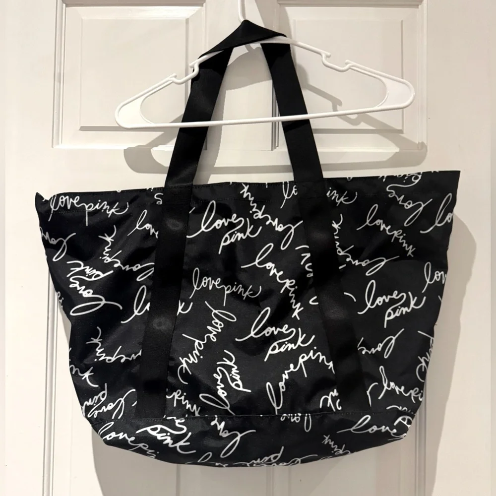 Victoria’s Secret PINK Black & White Script Logo Weekender Tote Bag NWOT